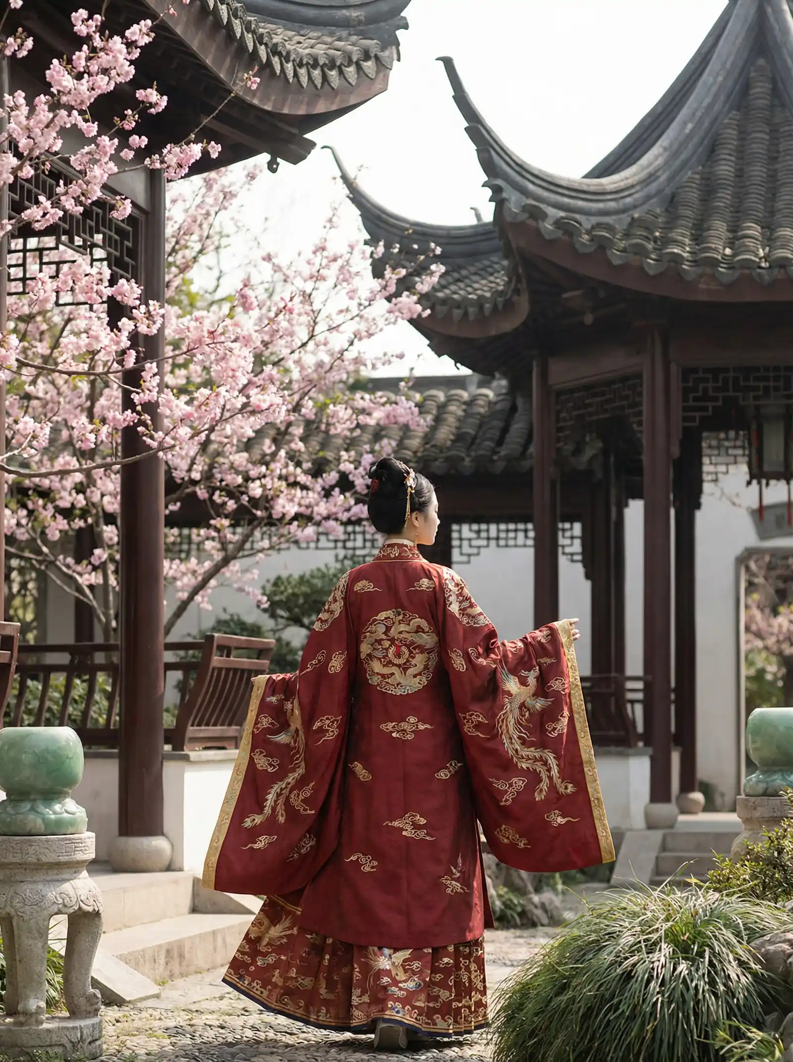 露胸网站 明制汉服红色凤凰刺绣